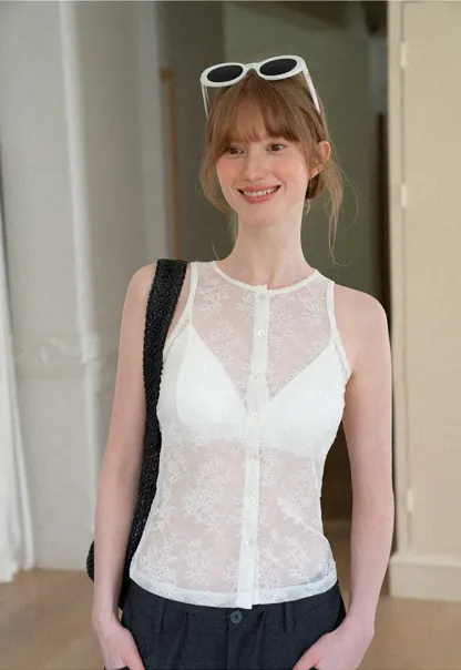 Sheer Lace Halter Neck Button Front Tank Top