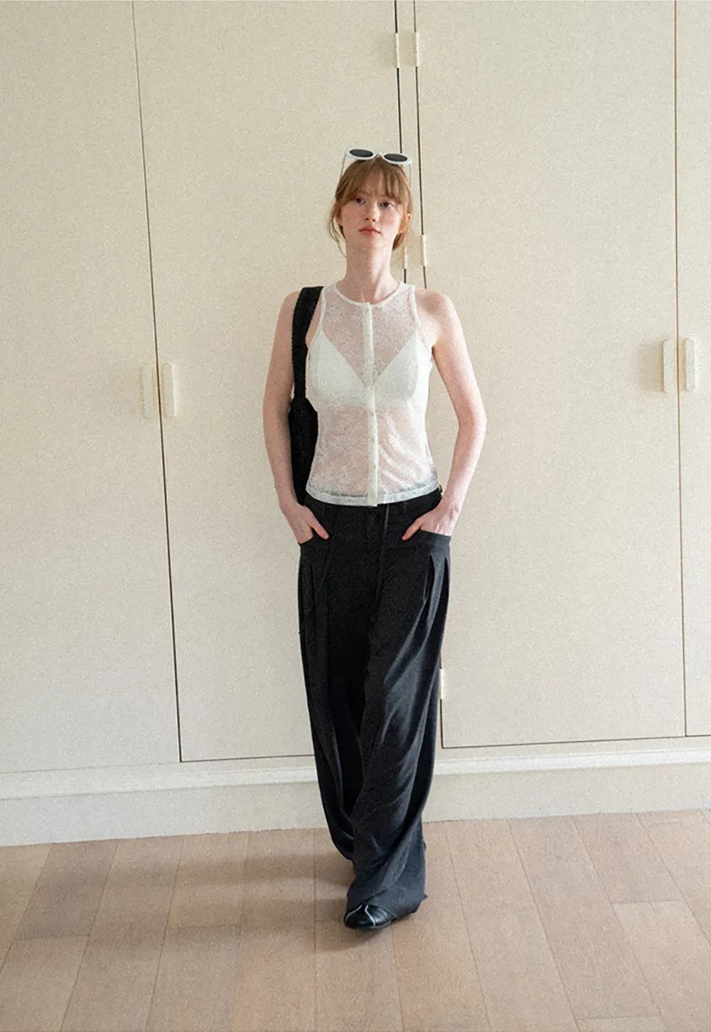 Sheer Lace Halter Neck Button Front Tank Top