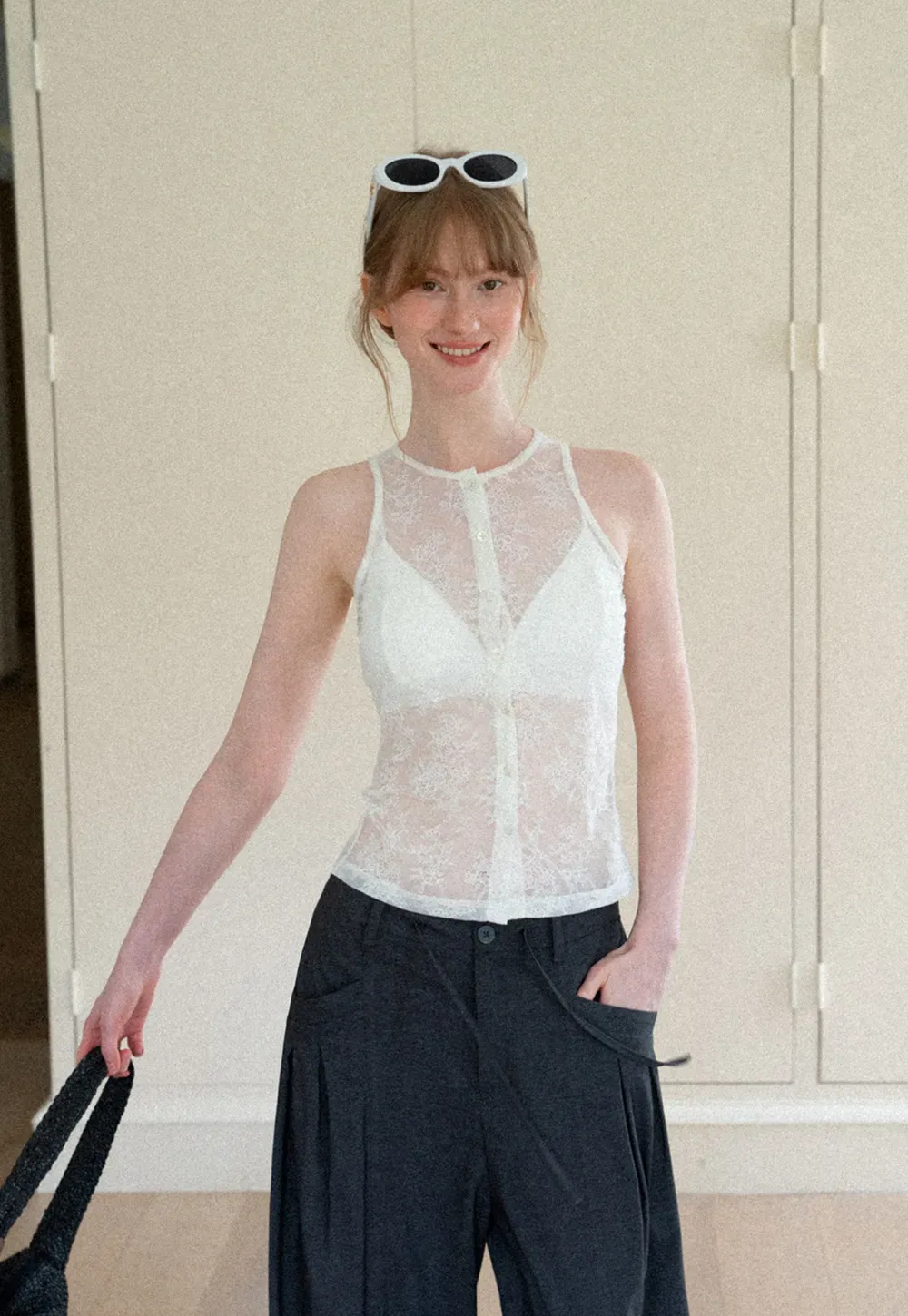 Sheer Lace Halter Neck Button Front Tank Top