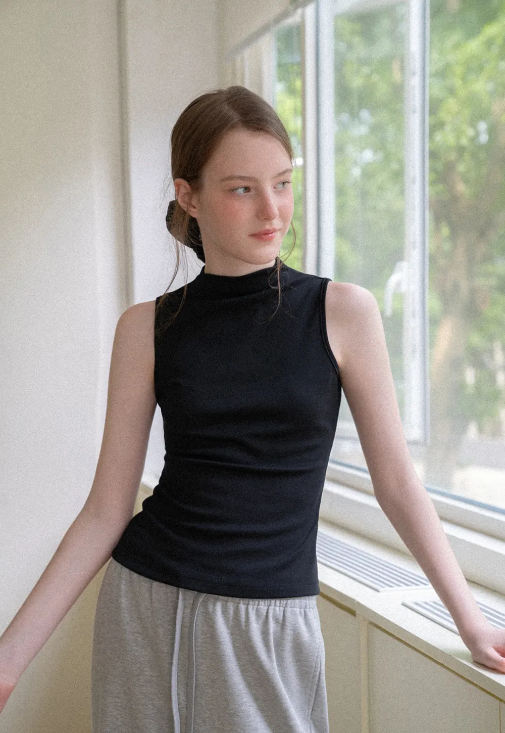 High Neck Sleeveless Ribbed Knit Tank Top