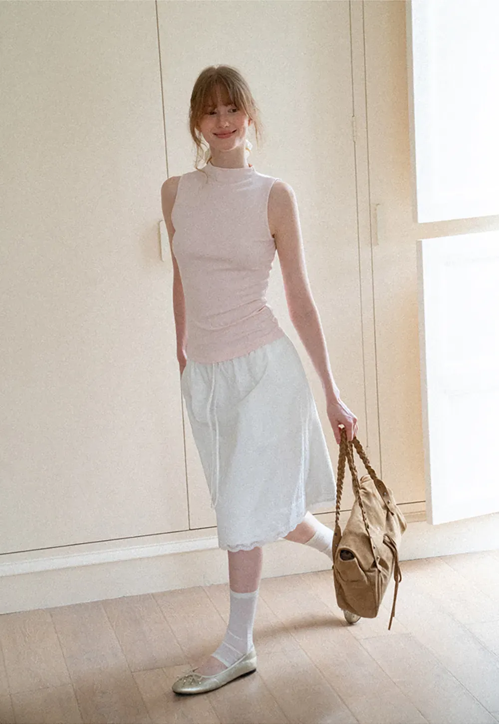 High Neck Sleeveless Ribbed Knit Tank Top
