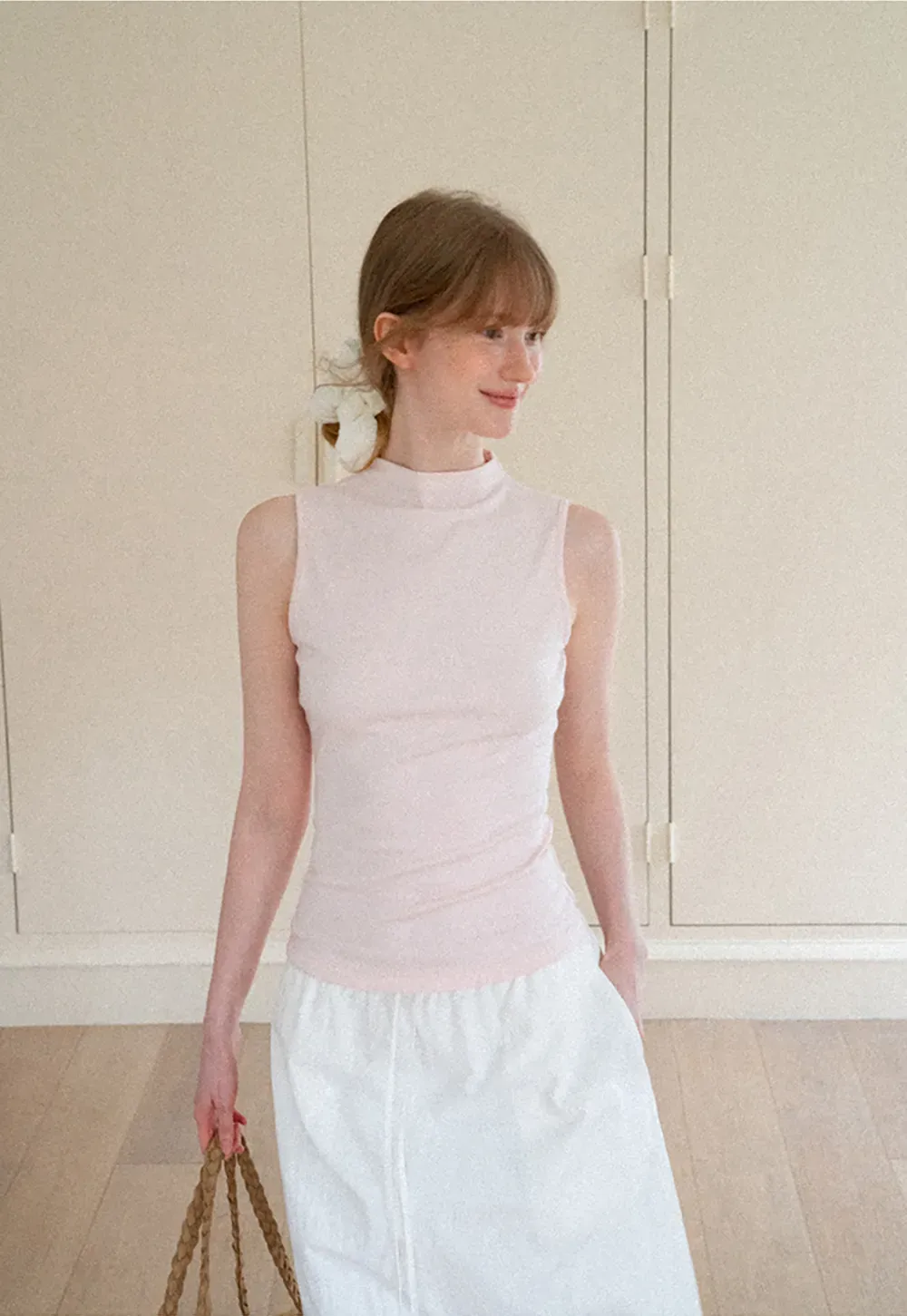 High Neck Sleeveless Ribbed Knit Tank Top