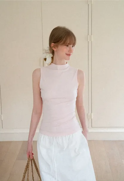 High Neck Sleeveless Ribbed Knit Tank Top