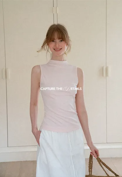High Neck Sleeveless Ribbed Knit Tank Top