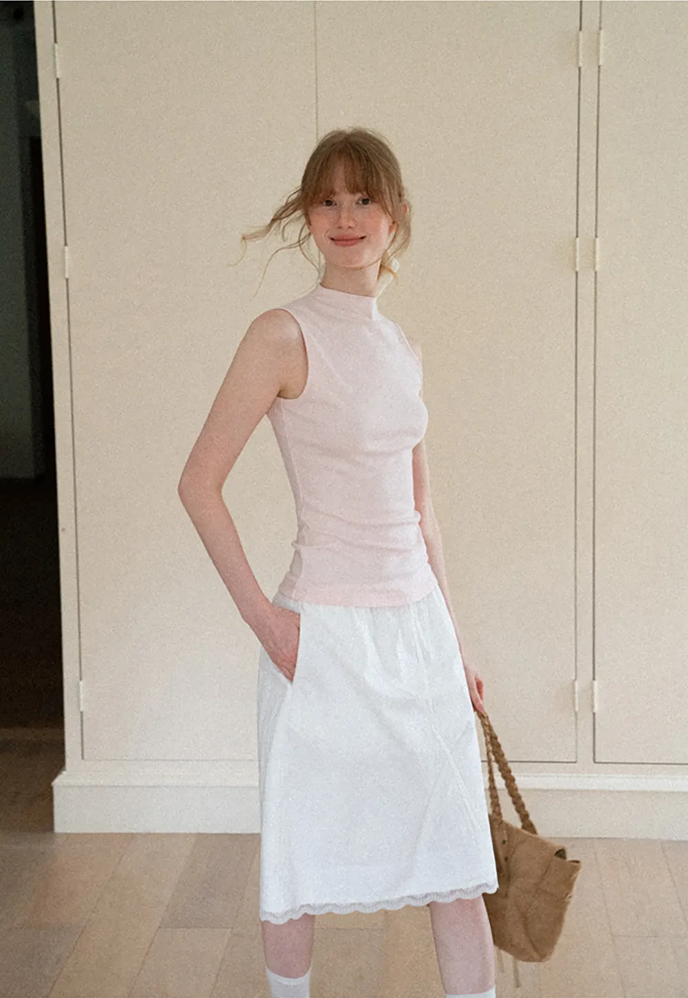 High Neck Sleeveless Ribbed Knit Tank Top