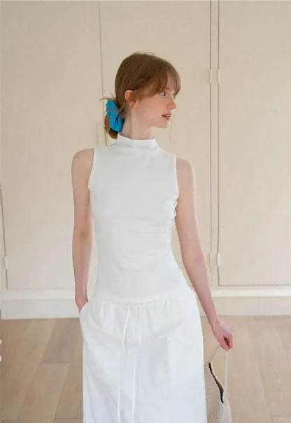 High Neck Sleeveless Ribbed Knit Tank Top