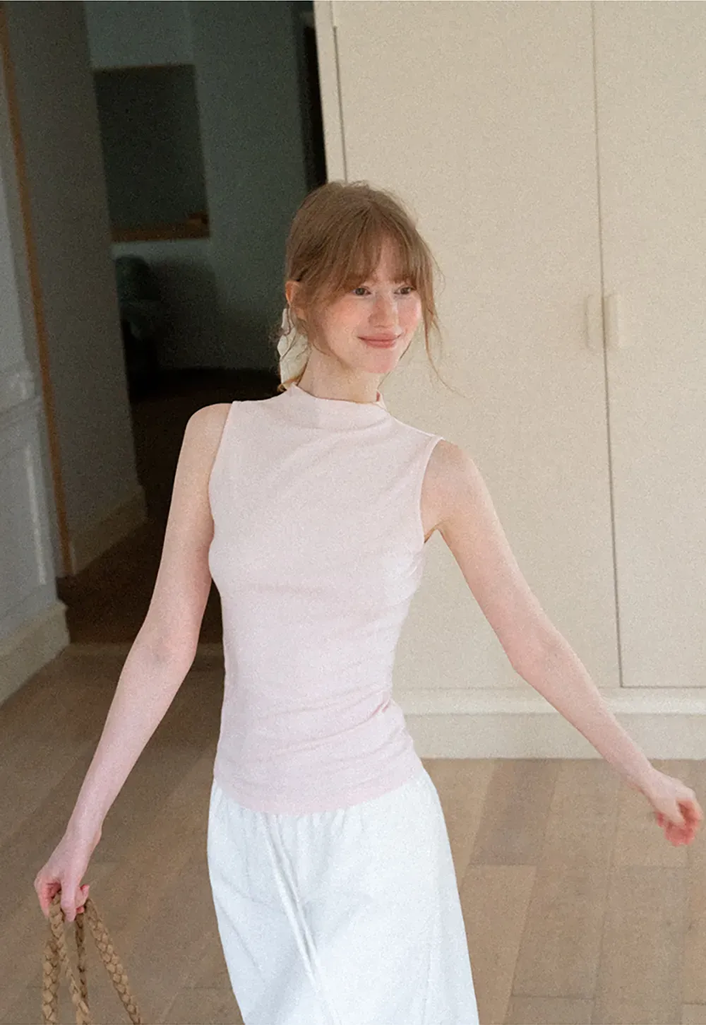 High Neck Sleeveless Ribbed Knit Tank Top