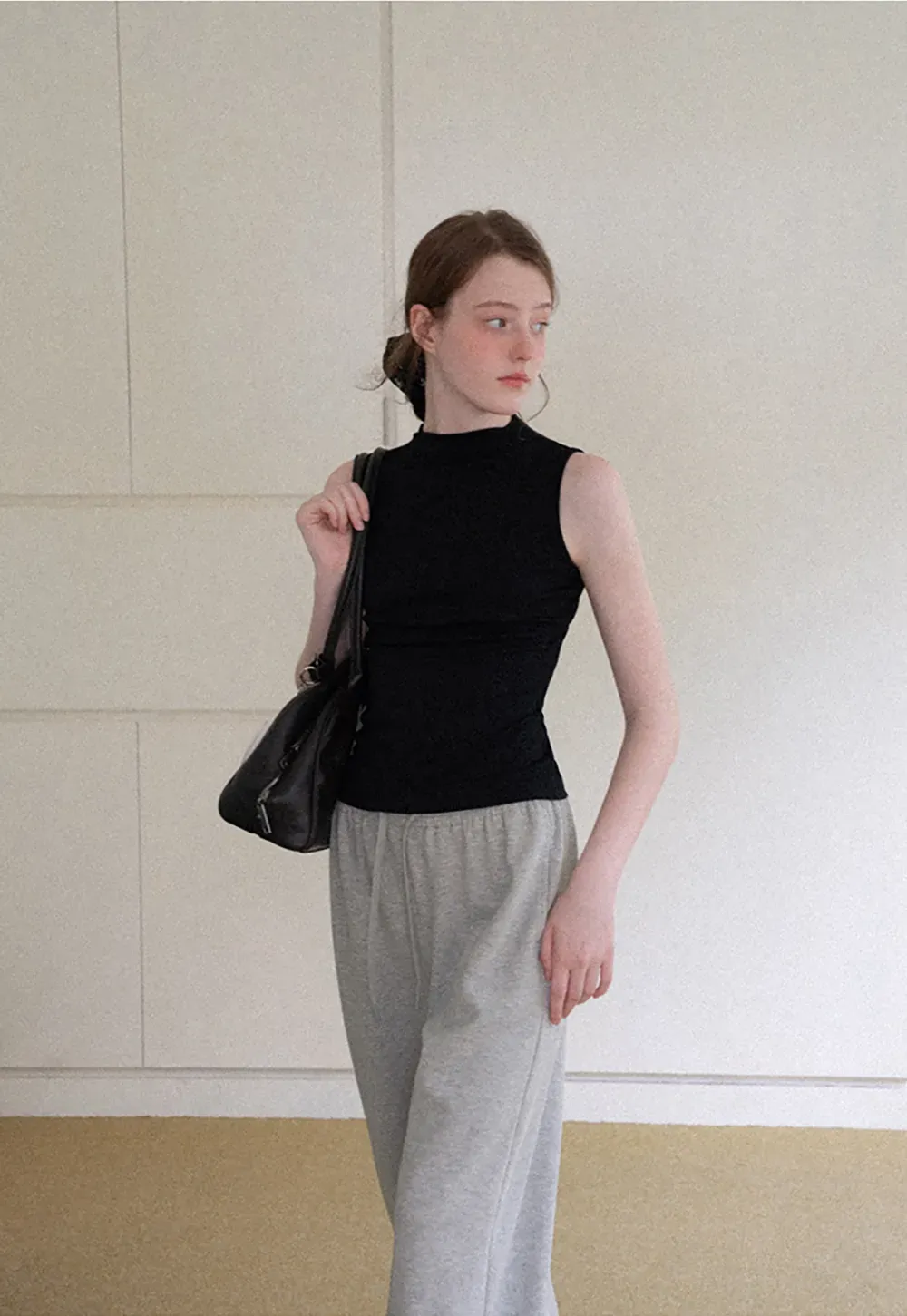 High Neck Sleeveless Ribbed Knit Tank Top
