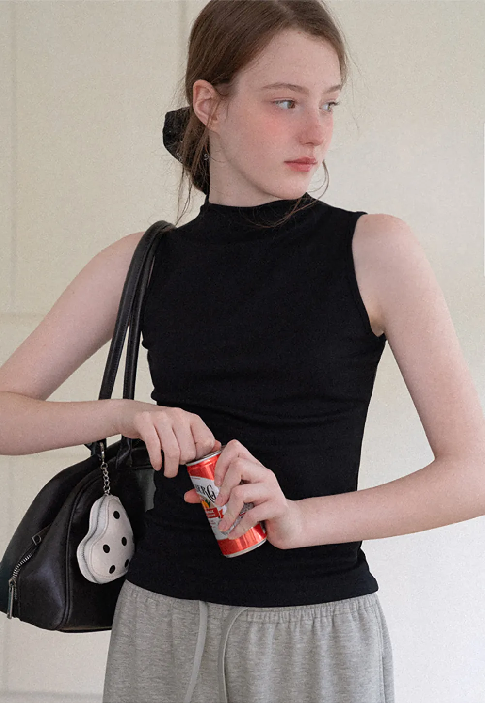 High Neck Sleeveless Ribbed Knit Tank Top