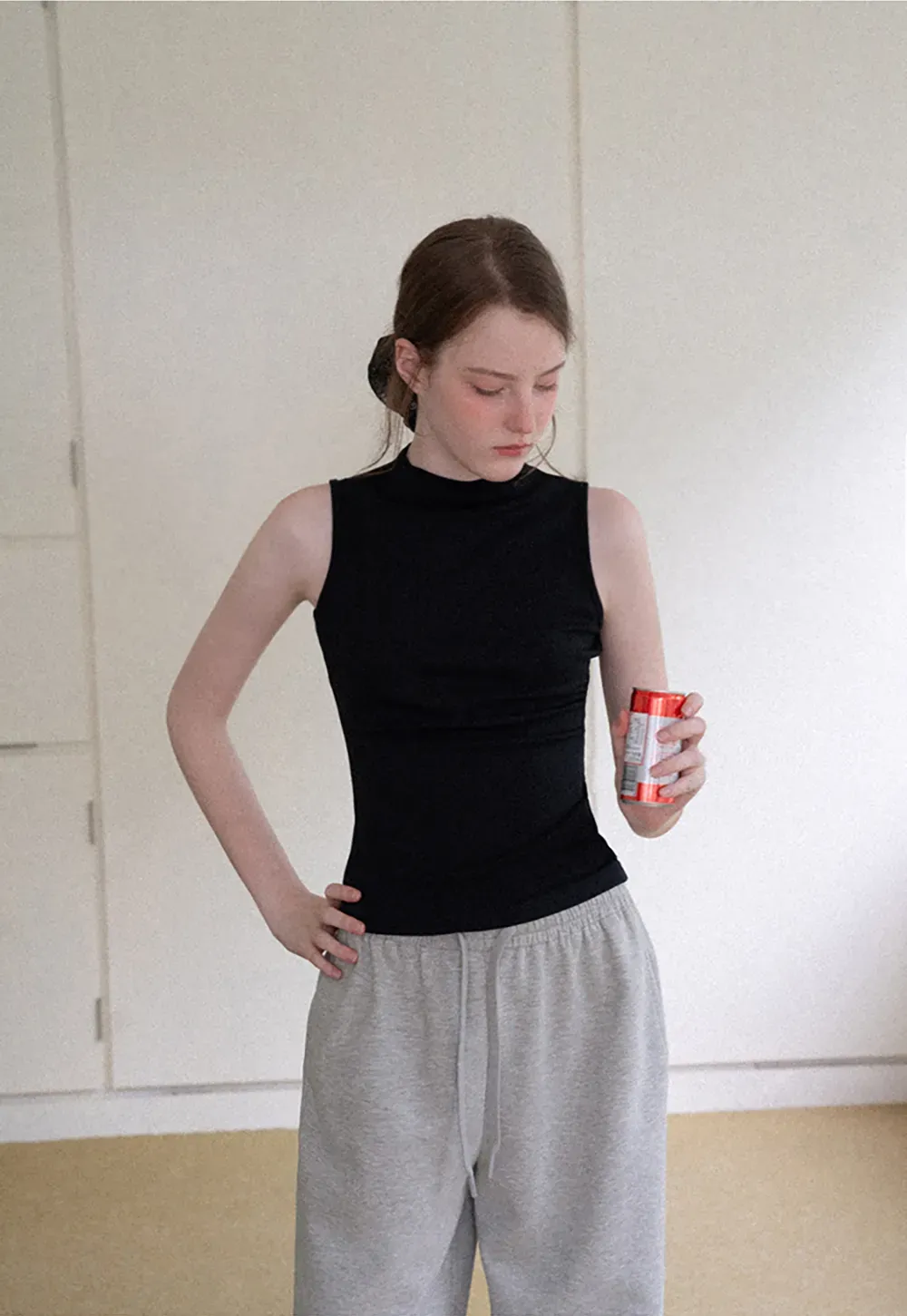 High Neck Sleeveless Ribbed Knit Tank Top