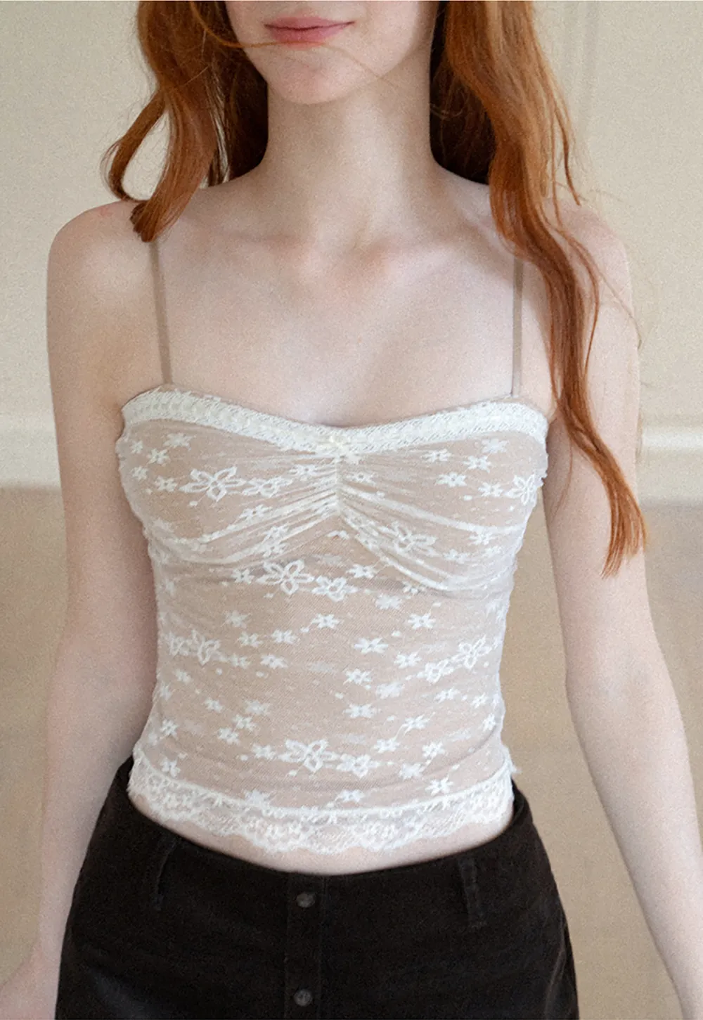 Floral Lace Trim Sheer Camisole Tank Top