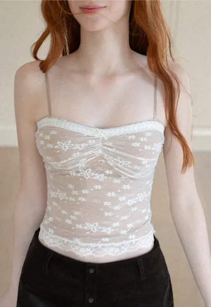 Floral Lace Trim Sheer Camisole Tank Top