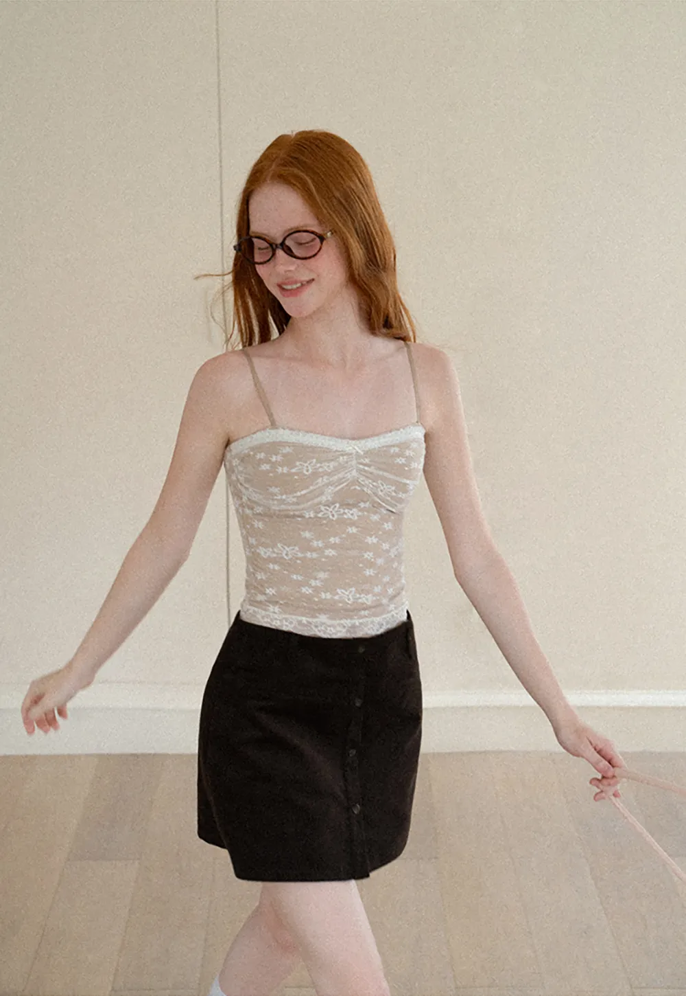 Floral Lace Trim Sheer Camisole Tank Top