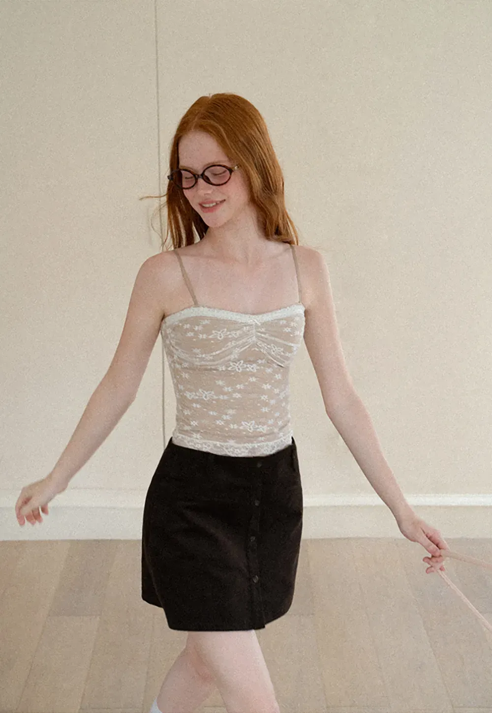 Floral Lace Trim Sheer Camisole Tank Top