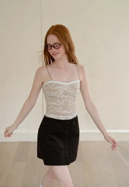 Floral Lace Trim Sheer Camisole Tank Top