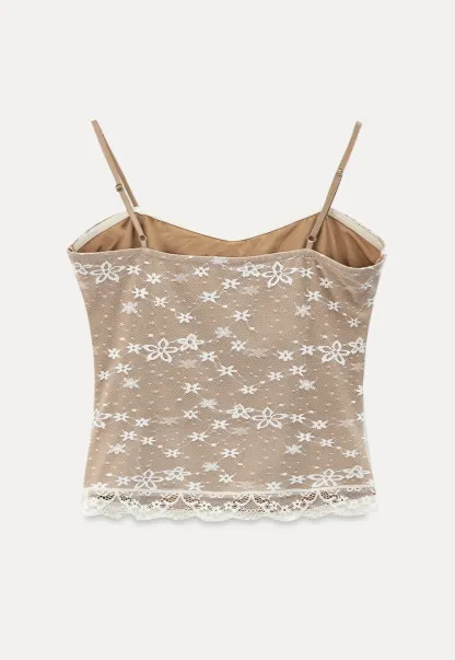 Floral Lace Trim Sheer Camisole Tank Top