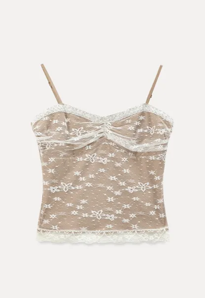 Floral Lace Trim Sheer Camisole Tank Top