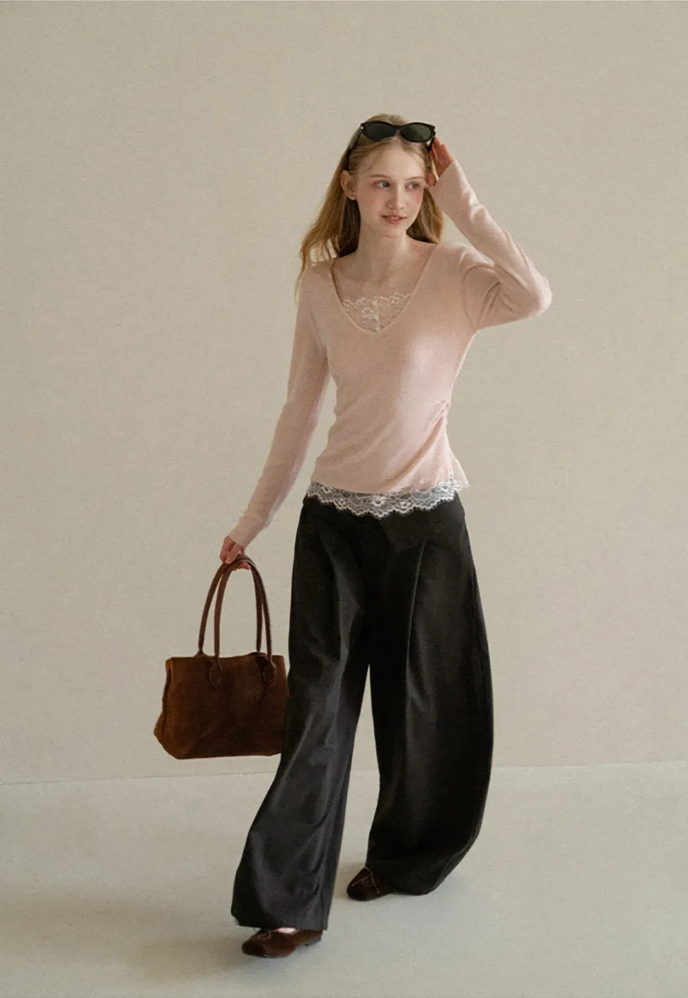 Lace Trim V Neck Long Sleeve Knit Tank Top