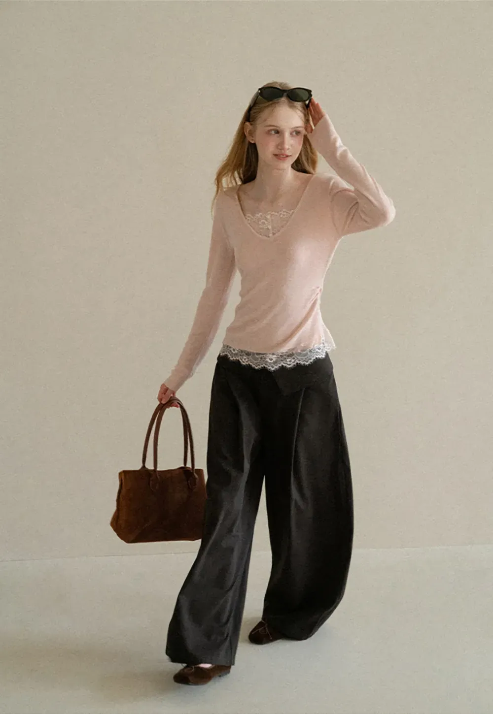 Lace Trim V Neck Long Sleeve Knit Tank Top