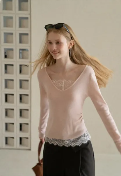 Lace Trim V Neck Long Sleeve Knit Tank Top