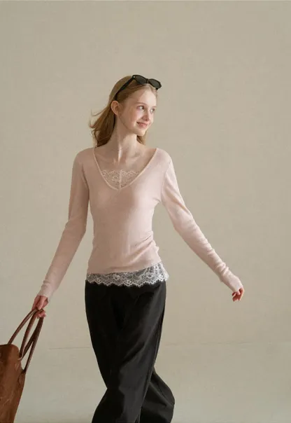 Lace Trim V Neck Long Sleeve Knit Tank Top