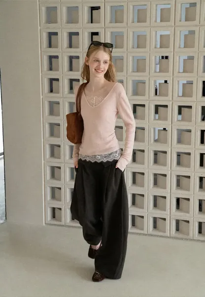 Lace Trim V Neck Long Sleeve Knit Tank Top