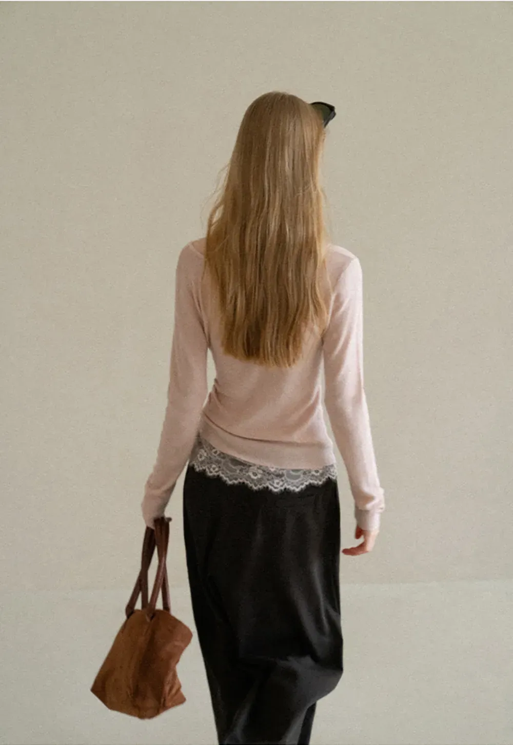 Lace Trim V Neck Long Sleeve Knit Tank Top