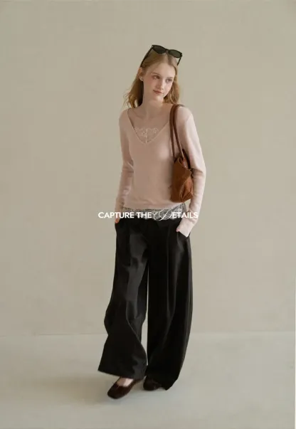 Lace Trim V Neck Long Sleeve Knit Tank Top