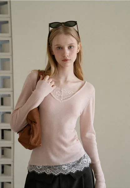Lace Trim V Neck Long Sleeve Knit Tank Top
