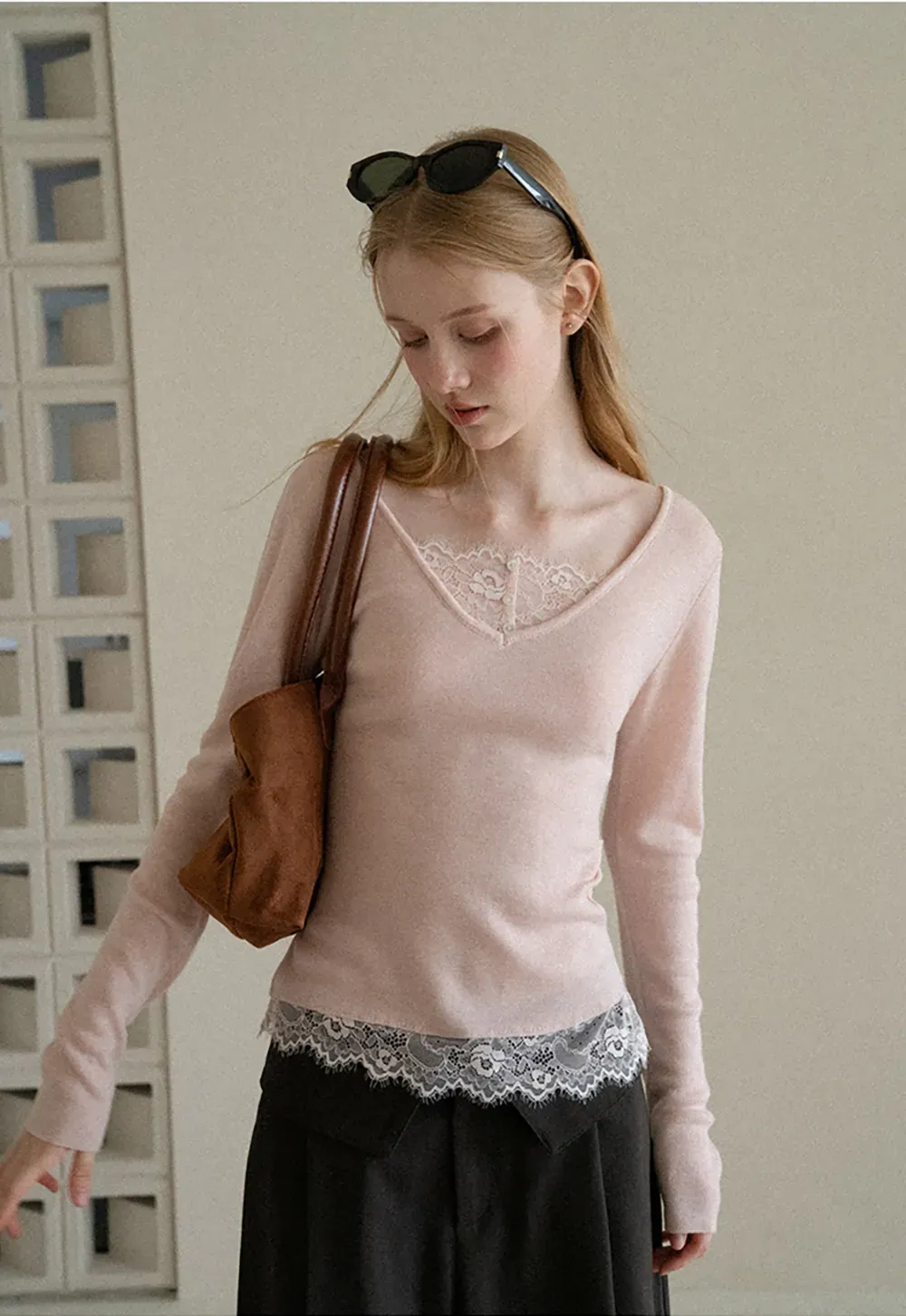 Lace Trim V Neck Long Sleeve Knit Tank Top