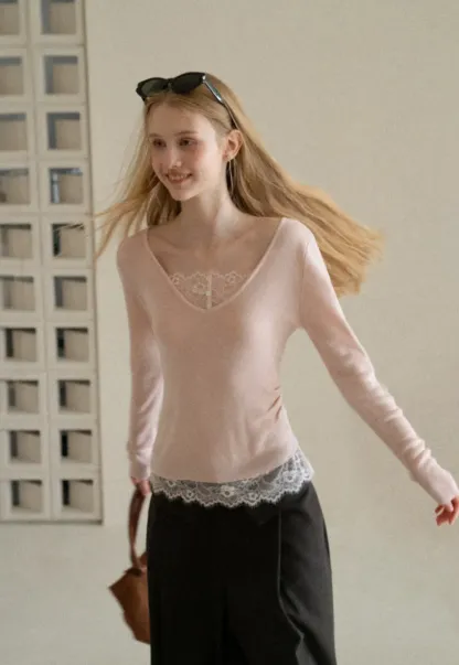 Lace Trim V Neck Long Sleeve Knit Tank Top