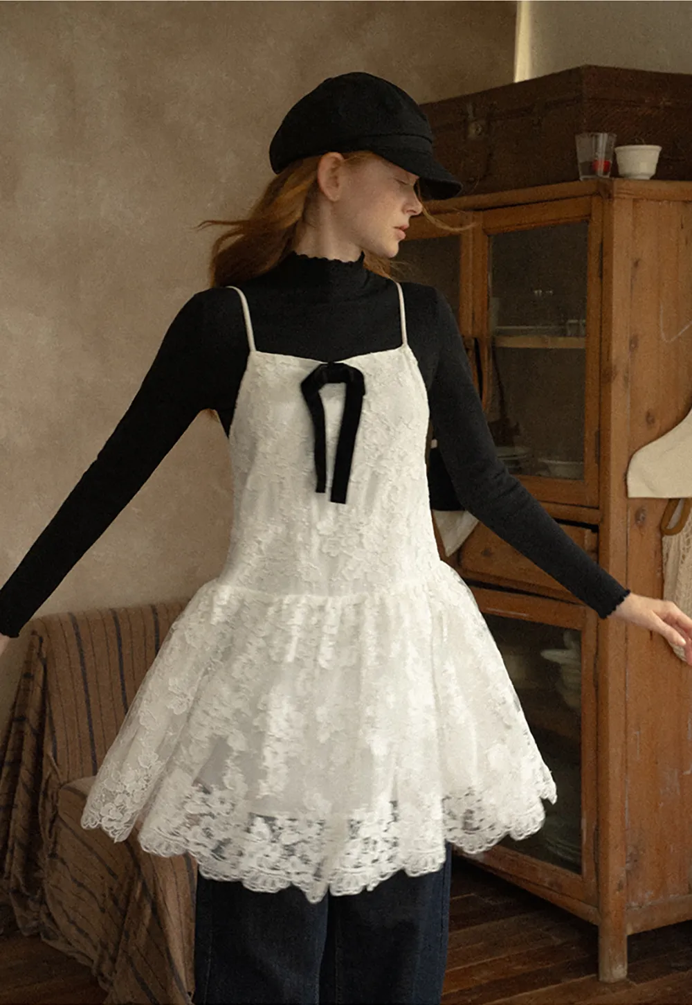 Lace Trim Tiered Slip Dress with Bow Detail