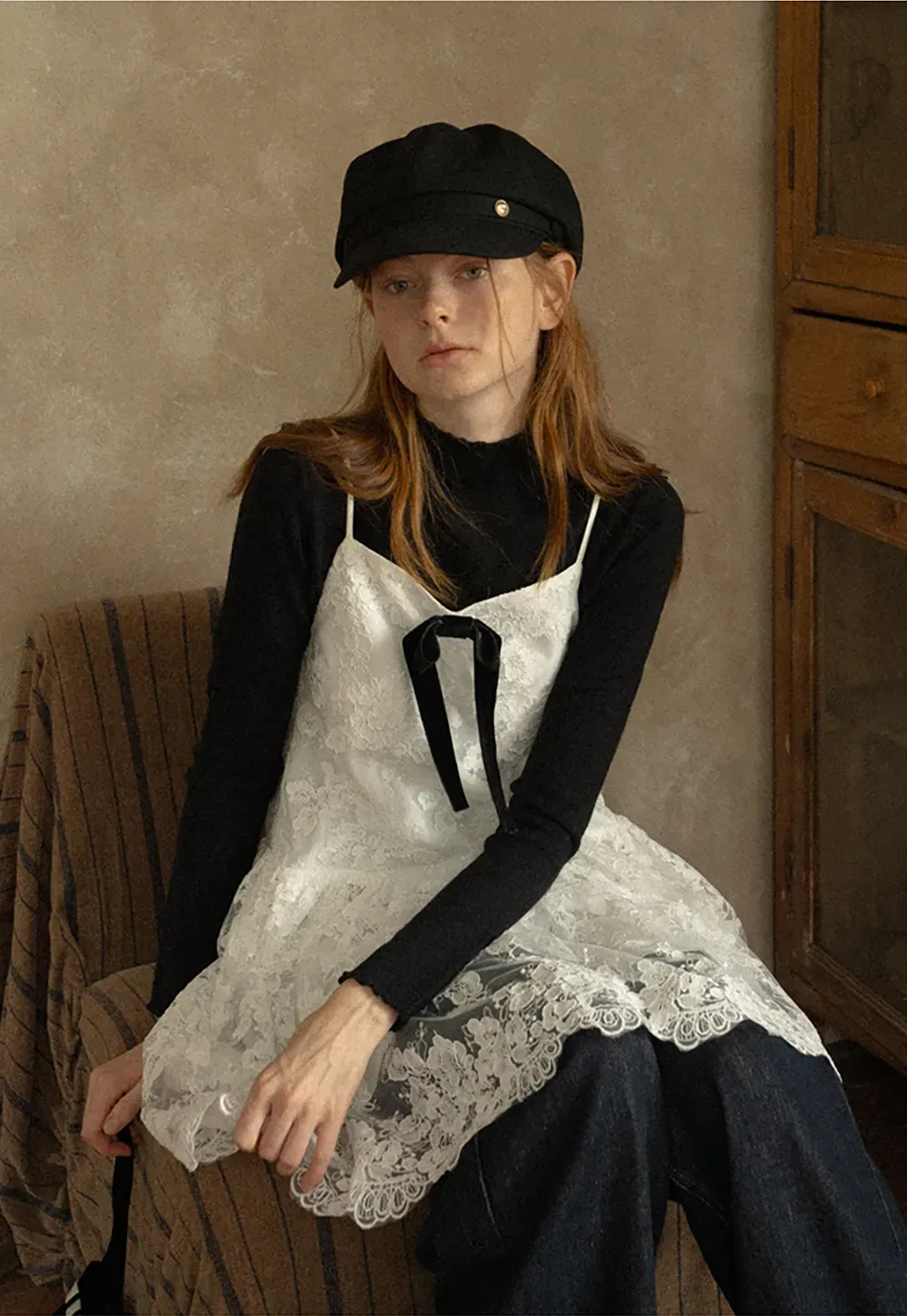 Lace Trim Tiered Slip Dress with Bow Detail