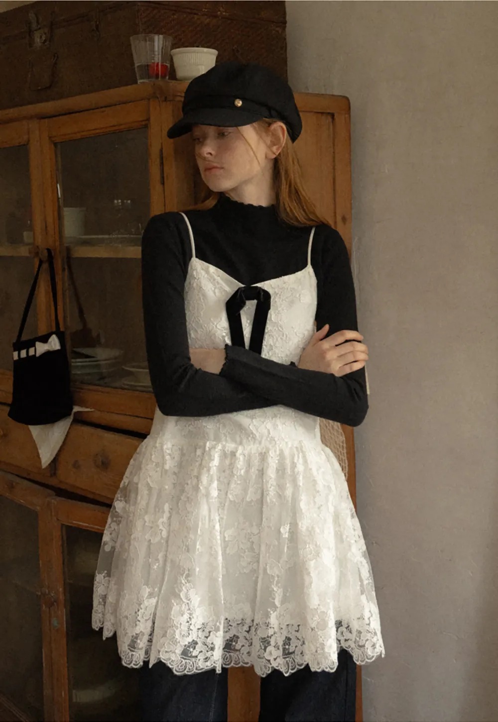 Lace Trim Tiered Slip Dress with Bow Detail