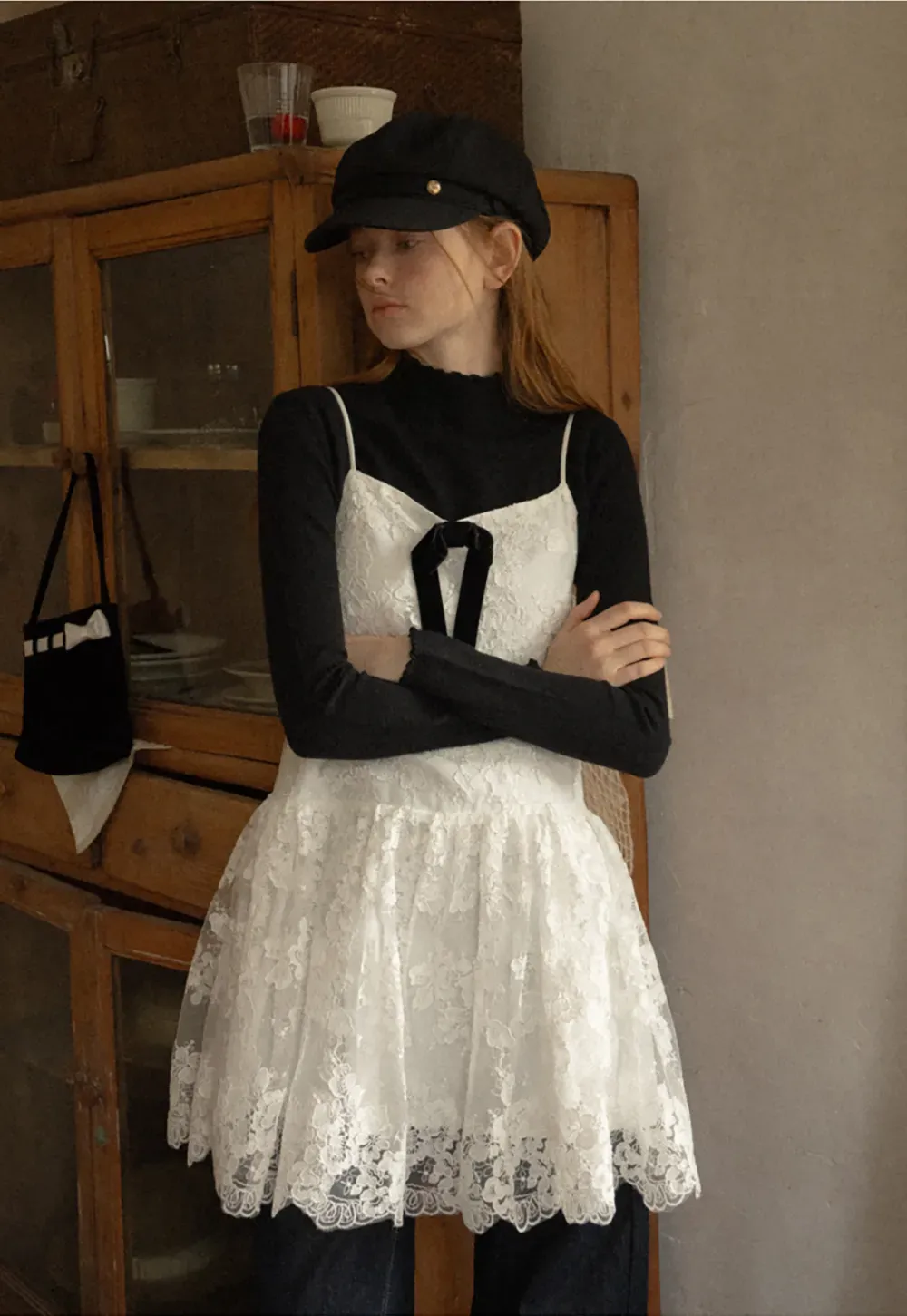 Lace Trim Tiered Slip Dress with Bow Detail