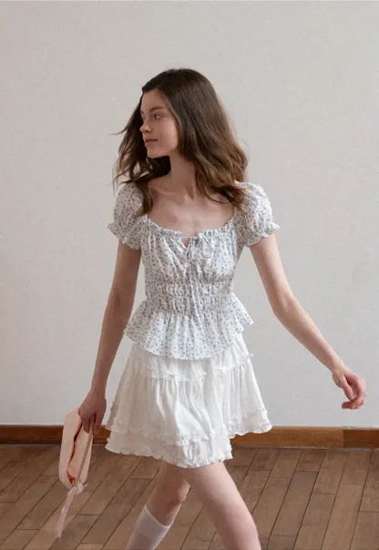 Floral Print Smocked Blouse with Ruffled Sleeves