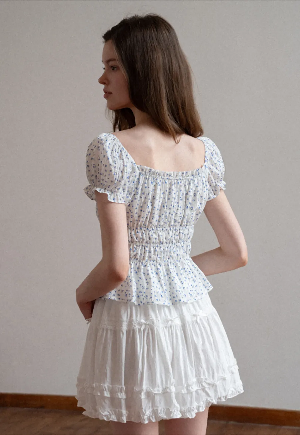 Floral Print Smocked Blouse with Ruffled Sleeves