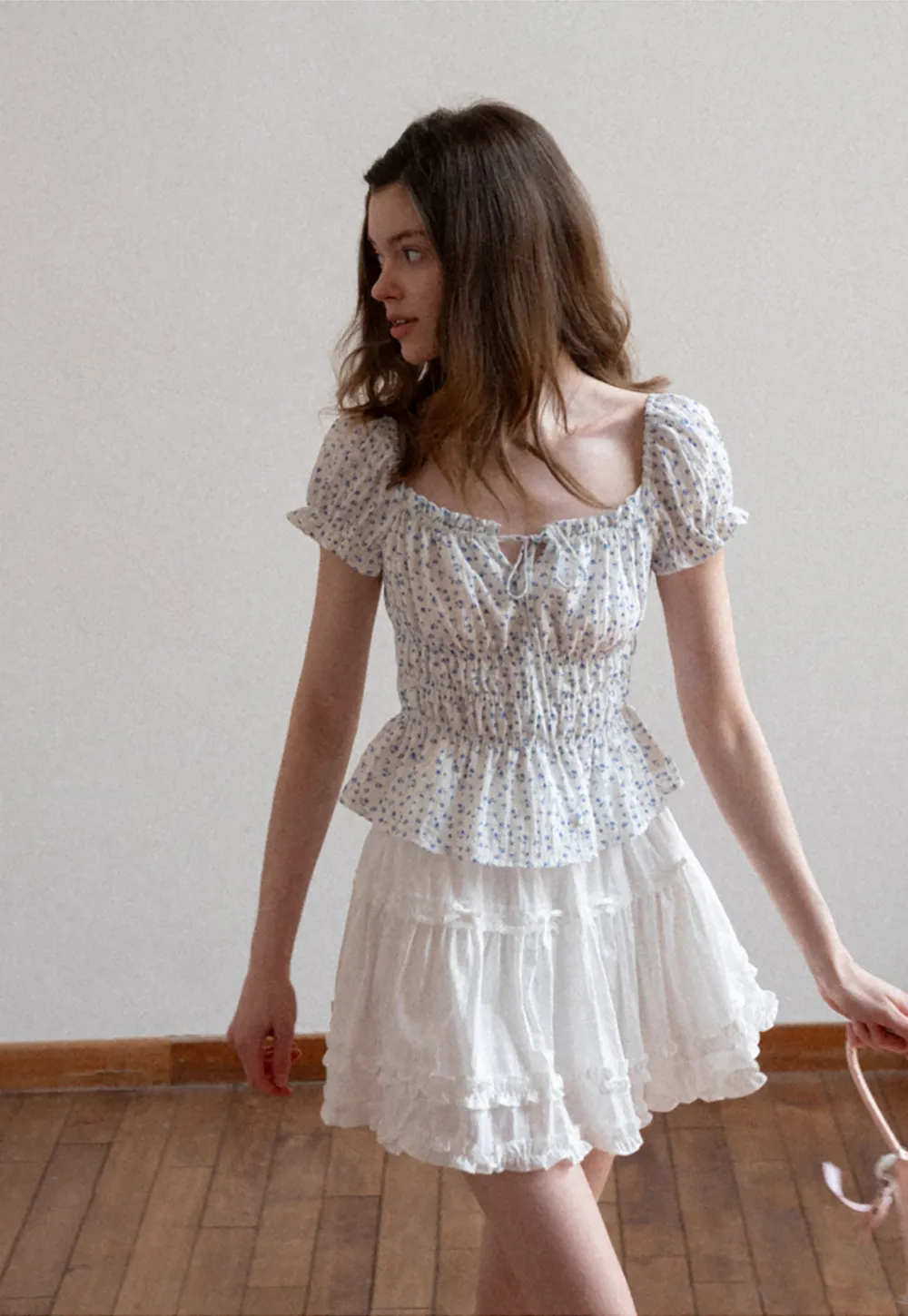 Floral Print Smocked Blouse with Ruffled Sleeves