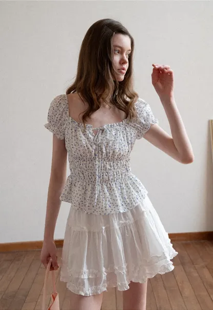 Floral Print Smocked Blouse with Ruffled Sleeves