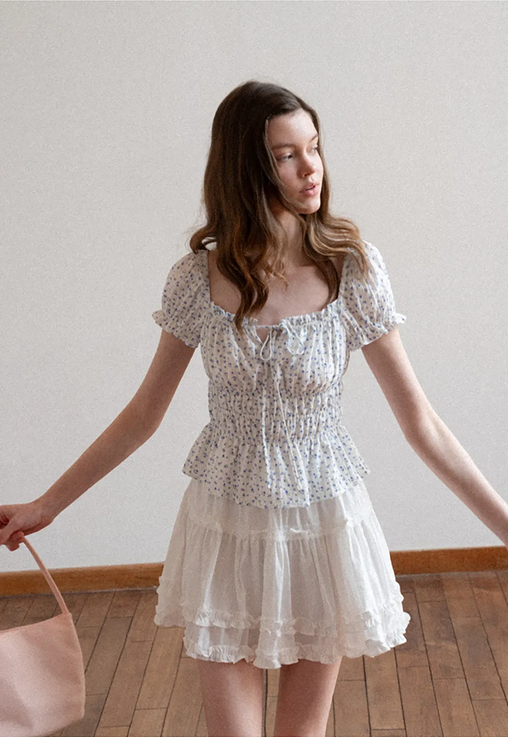 Floral Print Smocked Blouse with Ruffled Sleeves