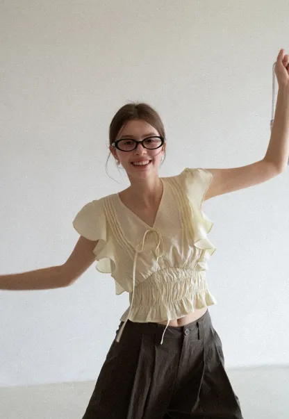 Ruffled Short Sleeve Top with Drawstring Waist