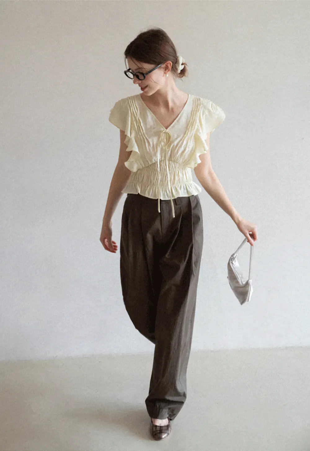 Ruffled Short Sleeve Top with Drawstring Waist