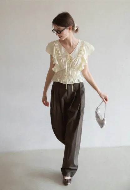 Ruffled Short Sleeve Top with Drawstring Waist