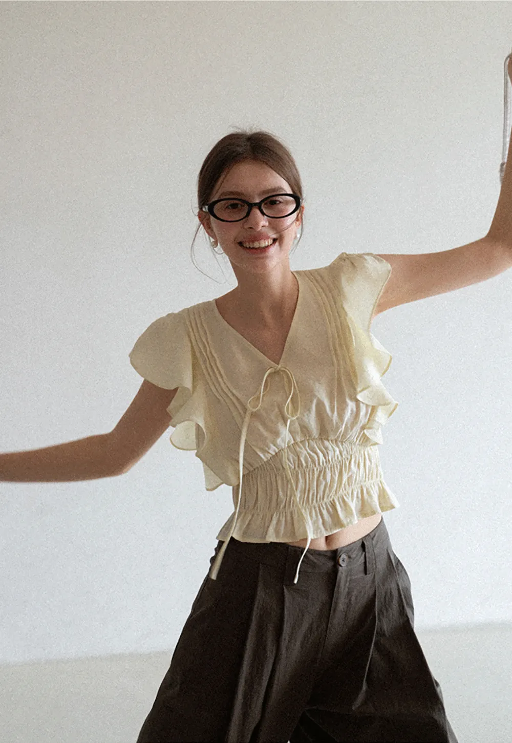 Ruffled Short Sleeve Top with Drawstring Waist