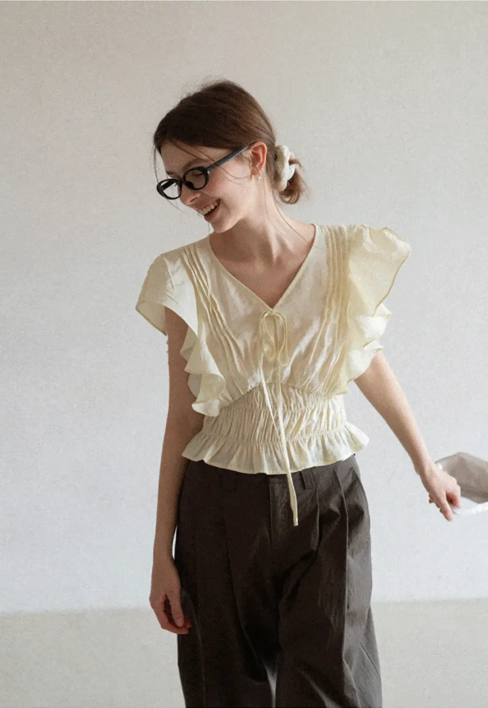 Ruffled Short Sleeve Top with Drawstring Waist