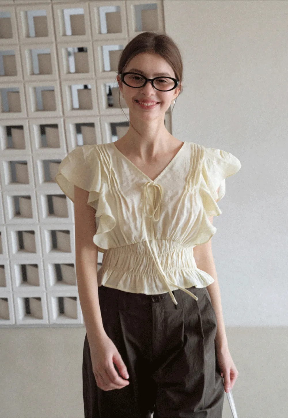 Ruffled Short Sleeve Top with Drawstring Waist