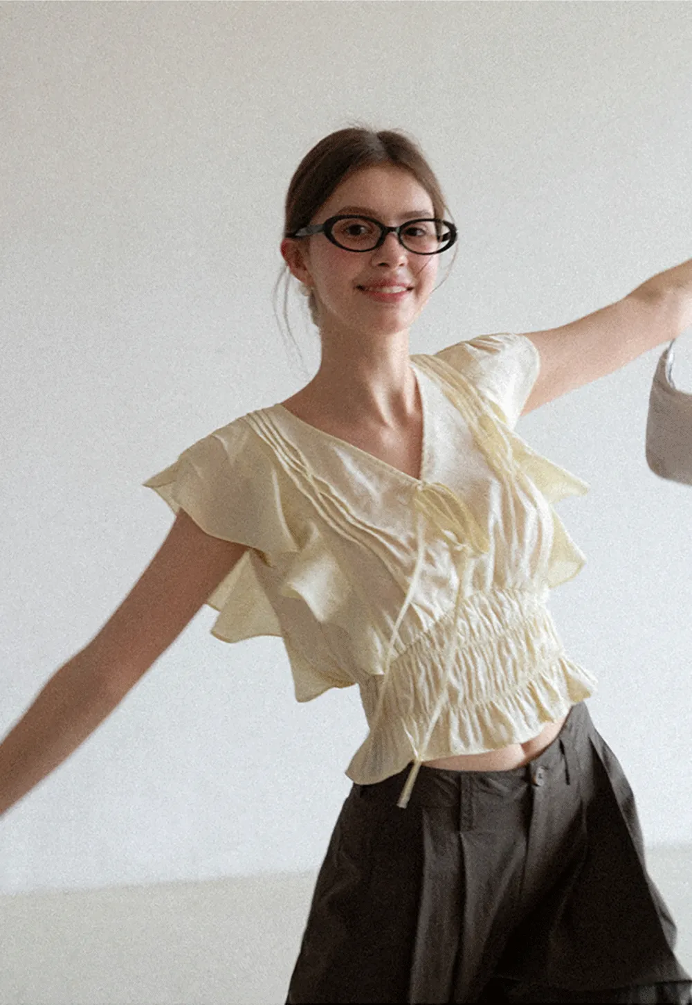 Ruffled Short Sleeve Top with Drawstring Waist