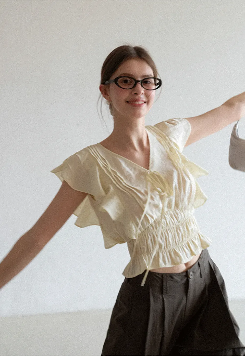 Ruffled Short Sleeve Top with Drawstring Waist