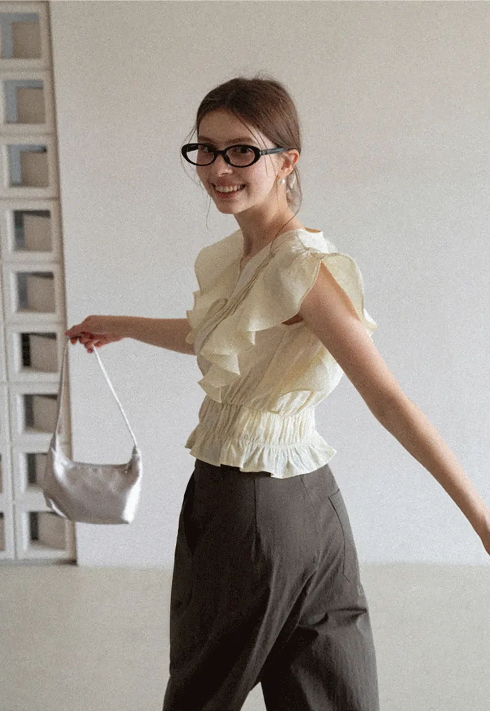 Ruffled Short Sleeve Top with Drawstring Waist