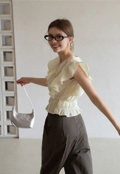 Ruffled Short Sleeve Top with Drawstring Waist